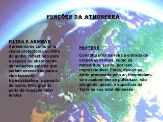 FUNÇÕES DA ATMOSFERA FILTRA E ABSORVE Apresenta-se como uma «capa protectora» ou filtro do globo, reflectindo para o espaço ou absorvendo as radiações solares que seriam excessivas para a vida terrestre. Na estratosfera, a camada de ozono filtra grande parte da radiação solar nociva PROTEGE Constitui uma barreira à entrada de corpos estranhos, como os meteoritos, sendo, por isso, imprescindível. Estes, devido ao atrito provocado pelo ar, incendeiam-se e acabam por se pulverizar, não atingindo, assim, a superfície da Terra na sua total dimensão 