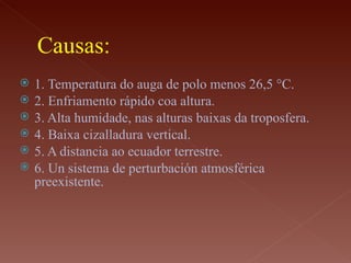 Causas:
   1. Temperatura do auga de polo menos 26,5 °C.
   2. Enfriamento rápido coa altura.
   3. Alta humidade, nas alturas baixas da troposfera.
   4. Baixa cizalladura vertical.
   5. A distancia ao ecuador terrestre.
   6. Un sistema de perturbación atmosférica
    preexistente.
 
