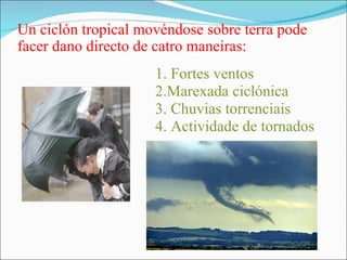 Un ciclón tropical movéndose sobre terra pode
facer dano directo de catro maneiras:
                     1. Fortes ventos
                     2.Marexada ciclónica
                     3. Chuvias torrenciais
                     4. Actividade de tornados
 