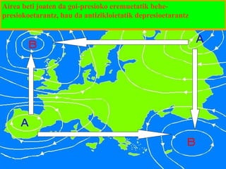 Airea beti joaten da goi-presiokonora
Nondik eremuetatik behepresiokoetarantz, hau da antizikloietatik depresioetarantz
mugituko zen
airea?

 
