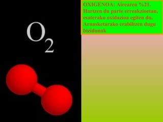 OXIGENOA: Airearen %21.
Hartzen du parte erreakzioetan,
esaterako oxidazioa egiten du.
Arnasketarako erabiltzen dugu
bizidunok

 