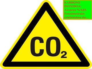 KARBONO
DIOXIDOA:
Airearen % 0,03.
Fotosintesirako
ezinbestekoa eta…

 