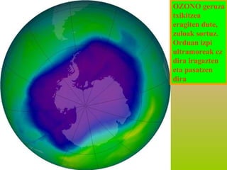 OZONO geruza
txikitzea
eragiten dute,
zuloak sortuz.
Orduan izpi
ultramoreak ez
dira iragazten
eta pasatzen
dira

 