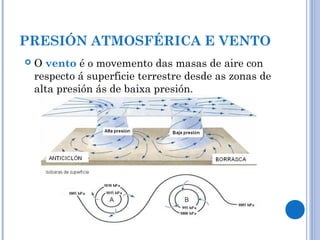 PRESIÓN ATMOSFÉRICA E VENTO
 O vento é o movemento das masas de aire con
respecto á superficie terrestre desde as zonas de
alta presión ás de baixa presión.
 