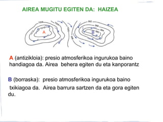 AIREA MUGITU EGITEN DA: HAIZEA
A
1012
1008
1016
1004
1000
992
988
984980B
996
A (antizikloia): presio atmosferikoa ingurukoa baino
handiagoa da. Airea behera egiten du eta kanporantz
B (borraska): presio atmosferikoa ingurukoa baino
txikiagoa da. Airea barrura sartzen da eta gora egiten
du.
 