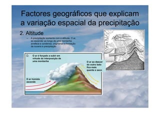 Factores geográficos que explicam
a variação espacial da precipitação
2. Altitude
– A precipitação aumenta com a altitude. O ar,
ao ascender ao longo de uma montanha
arrefece e condensa, originando a formação
de nuvens e precipitação
O ar é forçado a subir em
virtude da interposição de
uma montanha
O ar húmido
ascende
O ar ao descer
do outro lado
fica mais
quente e seco
 