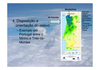 4. Disposição e
orientação do relevo
– Exemplo em
Portugal entre o
Minho e Trás-os-
Montes
Ar húmido
Montanhas
Área mais
seca ao
abrigo do ar
marítimo
mais húmido
pelo sistema
de
montanhas
que vai desde
o Gerês à
Serra da
Estrela
 