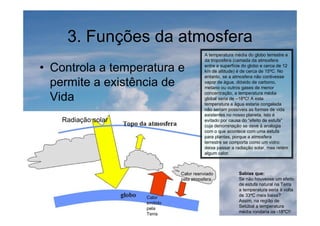 3. Funções da atmosfera
• Controla a temperatura e
permite a existência de
Vida
Sabias que:
Se não houvesse um efeito
de estufa natural na Terra
a temperatura seria à volta
de 33ºC mais baixa?
Assim, na região de
Setúbal a temperatura
média rondaria os -18ºC!!
Radiação solar
Calor
emitido
pela
Terra
Calor reenviado
pela atmosfera
A temperatura média do globo terrestre e
da troposfera (camada da atmosfera
entre a superfície do globo e cerca de 12
km de altitude) é de cerca de 15ºC. No
entanto, se a atmosfera não contivesse
vapor de água, dióxido de carbono,
metano ou outros gases de menor
concentração, a temperatura média
global seria de –18ºC! A esta
temperatura a água estaria congelada
não seriam possíveis as formas de vida
existentes no nosso planeta. Isto é
evitado por causa do “efeito de estufa”
cuja denominação se deve à analogia
com o que acontece com uma estufa
para plantas, porque a atmosfera
terrestre se comporta como um vidro:
deixa passar a radiação solar, mas retém
algum calor.
 