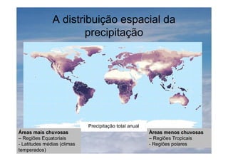A distribuição espacial da
precipitação
Precipitação total anual
Áreas mais chuvosas
– Regiões Equatoriais
- Latitudes médias (climas
temperados)
Áreas menos chuvosas
– Regiões Tropicais
- Regiões polares
 