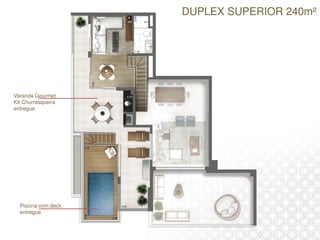 DUPLEX SUPERIOR 240m²
Varanda Gourmet
Kit Churrasqueira
entregue
Piscina com deck
entregue
 