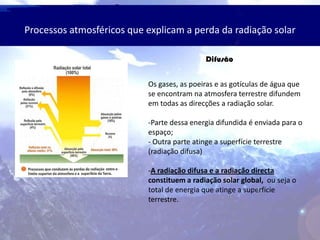 Processos atmosféricos que explicam a perda da radiação solar
Difusão
Os gases, as poeiras e as gotículas de água que
se encontram na atmosfera terrestre difundem
em todas as direcções a radiação solar.
-Parte dessa energia difundida é enviada para o
espaço;
- Outra parte atinge a superfície terrestre
(radiação difusa)
-A radiação difusa e a radiação directa
constituem a radiação solar global, ou seja o
total de energia que atinge a superfície
terrestre.
 