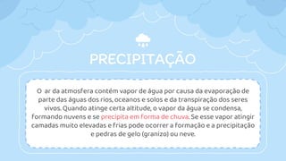 PRECIPITAÇÃO
O ar da atmosfera contém vapor de água por causa da evaporação de
parte das águas dos rios, oceanos e solos e da transpiração dos seres
vivos. Quando atinge certa altitude, o vapor da água se condensa,
formando nuvens e se precipita em forma de chuva. Se esse vapor atingir
camadas muito elevadas e frias pode ocorrer a formação e a precipitação
e pedras de gelo (granizo) ou neve.
 