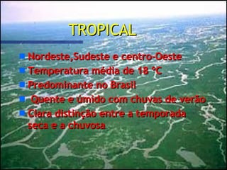TROPICAL Nordeste,Sudeste e centro-Oeste   Temperatura média de 18 ºC Predominante no Brasil Quente e úmido com chuvas de verão Clara distinção entre a temporada seca e a chuvosa 