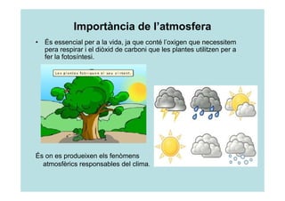Importància de l’atmosfera 
• És essencial per a la vida, ja que conté l’oxigen que necessitem 
pera respirar i el diòxid de carboni que les plantes utilitzen per a 
fer la fotosíntesi. 
És on es produeixen els fenòmens 
atmosfèrics responsables del clima. 
 