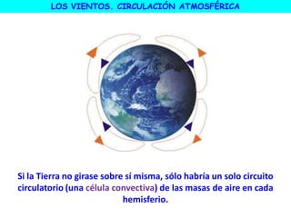 LOS VIENTOS. CIRCULACIÓN ATMOSFÉRICA
Si la Tierra no girase sobre sí misma, sólo habría un solo circuito
circulatorio (una célula convectiva) de las masas de aire en cada
hemisferio.
 