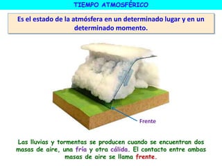 TIEMPO ATMOSFÉRICO
Es el estado de la atmósfera en un determinado lugar y en un
determinado momento.
Las lluvias y tormentas se producen cuando se encuentran dos
masas de aire, una fría y otra cálida. El contacto entre ambas
masas de aire se llama frente.
Frente
 