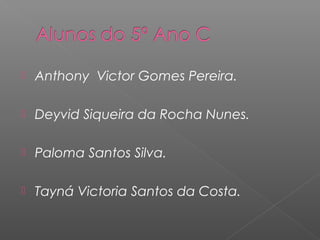    Anthony Victor Gomes Pereira.

   Deyvid Siqueira da Rocha Nunes.

   Paloma Santos Silva.

   Tayná Victoria Santos da Costa.
 
