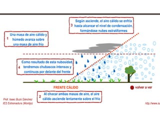 LLUVIAS FRONTALES
Un frente es la zona en la que dos masas de
aire de diferente temperatura contactan.
Siempre la masa de aire más cálida, al ser mas
ligera va a ascender sobre la masa de aire más
fría, produciendo la condensación de la
humedad en las nubes y precipitaciones.
Existen varios tipos de frentes en función de la
masa de aire que empuje. Los más normales
son los frentes fríos, en las que el aire que
empuja es el frío y obliga al cálido a ascender; y
el frente cálido, en el que es la masa de aire
cálido la que avanza hacía el frío, que actúa
como una cuña obligando al frío a ascender
sobre el.

 