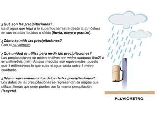 ¿Qué son las precipitaciones?
Es el agua que llega a la superficie terrestre desde la atmósfera
en sus estados líquidos o sólido (lluvia, nieve o granizo).
¿Cómo se mide las precipitaciones?
Con el pluviómetro.
¿Qué unidad se utiliza para medir las precipitaciones?
Las precipitaciones se miden en litros por métro cuadrado (l/m2) o
en milímetros (mm). Ambas medidas son equivalentes, puesto
que 1 milímetro es lo que sube el agua caída sobre 1 metro
cuadrado.
¿Cómo representamos los datos de las precipitaciones?
Los datos de las precipitaciones se representan en mapas que
utilizan líneas que unen puntos con la misma precipitación
(Isoyeta).

PLUVIÓMETRO

 