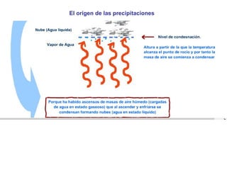 El origen de las precipitaciones

Las precipitaciones se producen cuando las gotas de agua o hielo que forman las nubes
pesan tanto que las corrientes de aire ascendentes ya no las pueden mantener.
Entonces por su propio peso caen. (OJO!!! Las nubes están formadas por agua
líquida o cristales de hielo no por vapor de agua).

 