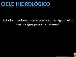 Oficina elaborada pela Professora FERNANDA BRUM LOPES - Geografia
O Ciclo Hidrológico corresponde aos estágios pelos
quais a água passa na natureza.
 