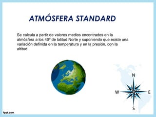 ATMÓSFERA STANDARD
Se calcula a partir de valores medios encontrados en la
atmósfera a los 40º de latitud Norte y suponiendo que existe una
variación definida en la temperatura y en la presión, con la
altitud.
 