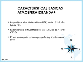 CARACTERISTICAS BASICAS
ATMOSFERA ESTANDAR
 La presión al Nivel Medio del Mar (MSL) es de 1.013.2 hPa
(29.92 Hg).
 La temperatura al Nivel Medio del Mar (MSL) es de + 15º C
(59º F).
 El aire se comporta como un gas perfecto y absolutamente
seco.
 