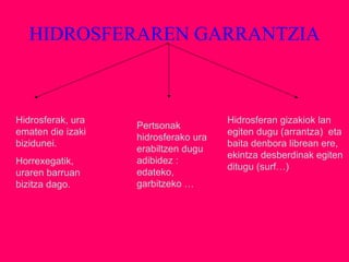 HIDROSFERAREN GARRANTZIA
Hidrosferak, ura
ematen die izaki
bizidunei.
Horrexegatik,
uraren barruan
bizitza dago.
Pertsonak
hidrosferako ura
erabiltzen dugu
adibidez :
edateko,
garbitzeko …
Hidrosferan gizakiok lan
egiten dugu (arrantza) eta
baita denbora librean ere,
ekintza desberdinak egiten
ditugu (surf…)
 