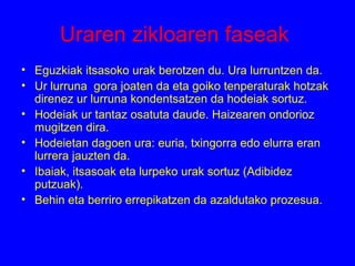 Uraren zikloaren faseak
• Eguzkiak itsasoko urak berotzen du. Ura lurruntzen da.
• Ur lurruna gora joaten da eta goiko tenperaturak hotzak
direnez ur lurruna kondentsatzen da hodeiak sortuz.
• Hodeiak ur tantaz osatuta daude. Haizearen ondorioz
mugitzen dira.
• Hodeietan dagoen ura: euria, txingorra edo elurra eran
lurrera jauzten da.
• Ibaiak, itsasoak eta lurpeko urak sortuz (Adibidez
putzuak).
• Behin eta berriro errepikatzen da azaldutako prozesua.
 