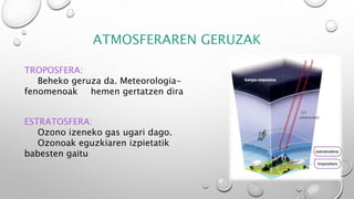 ATMOSFERAREN GERUZAK
TROPOSFERA:
Beheko geruza da. Meteorologia-
fenomenoak hemen gertatzen dira
ESTRATOSFERA:
Ozono izeneko gas ugari dago.
Ozonoak eguzkiaren izpietatik
babesten gaitu
 