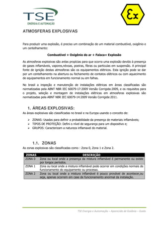 ATMOSFERAS EXPLOSIVAS


Para produzir uma explosão, é preciso um combinação de um material combustível, oxigênio e
um centelhamento:

                  Combustível + Oxigênio do ar + Faísca= Explosão

As atmosferas explosivas são aréas propícias para que ocorra uma explosão devido à presença
de gases inflamáveis, vapores,névoas, poeiras, fibras ou particulas em suspensão. A principal
fonte de ignição destas atmosferas são os equipamentos elétricos. Esta ignição pode se dar
por um centelhamento na abertura ou fechamento de contatos elétricos ou com aquecimento
de equipamentos em funcionamento normal ou em falhas.

No brasil a inspeção e manutenção de instalações elétricas em áreas classificadas são
normatizadas pela ABNT NBR IEC 60079-17:2009 Versão Corrigida:2009, e os requisitos para
o projeto, seleção e montagem de instalações elétricas em atmosferas explosivas são
normatizadas pela ABNT NBR IEC 60079-14:2009 Versão Corrigida:2011.


   1. ÁREAS EXPLOSIVAS:
As áreas explosivas são classificadas no brasil e na Europa usando o conceito de:

       ZONAS: Usadas para definir a probabilidade da presença de materiais inflamáveis;
       TIPOS DE PROTEÇÃO: Defini o nível de segurança para um dispositivo e;
       GRUPOS: Caracterizam a natureza inflamavel do material.




       1.1. ZONAS
As zonas explosivas são classificadas como : Zona 0, Zona 1 e Zona 2.

 ZONAS                                        DESCRIÇÃO
 ZONA 0      Zona ou local onde a presença da mistura inflamável é permanente ou existe
             por longos períodos.
 ZONA 1      Zona ou local onde a mistura inflamável pode ocorrer em condições normais de
             funcionamento do equipamento ou processo.
 ZONA 2      Zona ou local onde a mistura inflamável é pouco provável de acontecer,ou
             seja, apenas ocorrem em case de funcionamento anormal da instalação.




                                          TSE Energia e Automação – Aparecida de Goiânia – Goiás
 