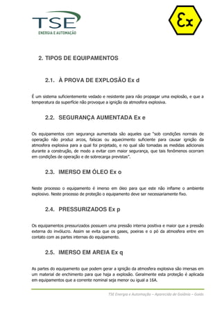 2. TIPOS DE EQUIPAMENTOS


       2.1. À PROVA DE EXPLOSÃO Ex d

É um sistema suficientemente vedado e resistente para não propagar uma explosão, e que a
temperatura da superfície não provoque a ignição da atmosfera explosiva.


       2.2. SEGURANÇA AUMENTADA Ex e

Os equipamentos com segurança aumentada são aqueles que “sob condições normais de
operação não produz arcos, faíscas ou aquecimento suficiente para causar ignição da
atmosfera explosiva para a qual foi projetado, e no qual são tomadas as medidas adicionais
durante a construção, de modo a evitar com maior segurança, que tais fenômenos ocorram
em condições de operação e de sobrecarga previstas”.


       2.3. IMERSO EM ÓLEO Ex o

Neste processo o equipamento é imerso em óleo para que este não inflame o ambiente
explosivo. Neste processo de proteção o equipamento deve ser necessariamente fixo.


       2.4. PRESSURIZADOS Ex p

Os equipamentos pressurizados possuem uma pressão interna positiva e maior que a pressão
externa do invólucro. Assim se evita que os gases, poeiras e o pó da atmosfera entre em
contato com as partes internas do equipamento.


       2.5. IMERSO EM AREIA Ex q

As partes do equipamento que podem gerar a ignição da atmosfera explosiva são imersas em
um material de enchimento para que haja a explosão. Geralmente esta proteção é aplicada
em equipamentos que a corrente nominal seja menor ou igual a 16A.


                                        TSE Energia e Automação – Aparecida de Goiânia – Goiás
 