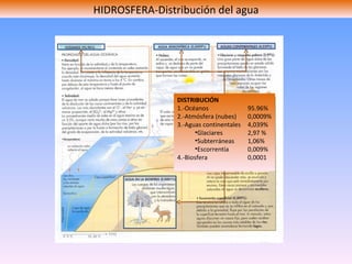 HIDROSFERA-Distribución del agua DISTRIBUCIÓN 1.-Océanos  95.96% 2.-Atmósfera (nubes) 0,0009% 3.-Aguas continentales 4,039% Glaciares 2,97 % Subterráneas 1,06% Escorrentía 0,009% 4.-Biosfera 0,0001 