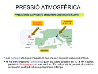 PRESSIÓ ATMOSFÈRICA.
Les isòbares són línies imaginàries que uneixen punts de la mateixa pressió.•
B A 1024 Mb
1020 Mb
1016 Mb
1012 mb
1008 Mb
1004 Mb
1000 Mb
996 Mb
La presión
ÉS BAIXA
La presión
ÉS ALTA
Isobaras
VARIACIÓ DE LA PRESSIÓ EN BORRASQUES IANTICICLONS
• Hi ha altes pressions (anticiclons) quan els valors superen els 1013 hP, i baixes
pressions (borrasques) en cas contrari. Els valors de la pressió atmosfèrica
varien amb la altitud, situació geogràfica i el temps.
 
