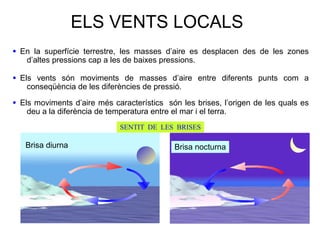 ELS VENTS LOCALS
SENTIT DE LES BRISES
Brisa diurna
En la superfície terrestre, les masses d’aire es desplacen des de les zones
d’altes pressions cap a les de baixes pressions.
•
Els vents són moviments de masses d’aire entre diferents punts com a
conseqüència de les diferències de pressió.
•
Els moviments d’aire més característics són les brises, l’origen de les quals es
deu a la diferència de temperatura entre el mar i el terra.
•
Brisa nocturna
 