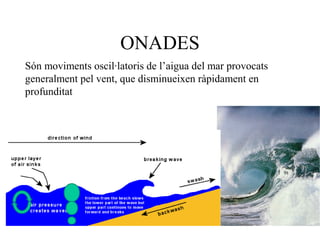 ONADES
Són moviments oscil·latoris de l’aigua del mar provocats
generalment pel vent, que disminueixen ràpidament en
profunditat
 