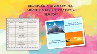 DESCRIPCIÓN DE LA VELOCIDAD DEL
VIENTO DE ACUERDO CON LA ESCALA
BEAUFORT
.
 