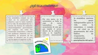 ¿QUÉ ES LA ATMÓSFERA?
.•La atmósfera cumple un rol
vital en la protección del
planeta y por lo tanto también
de la vida. Su densidad desvía o
atenúa las formas de radiación
electromagnética provenientes
del espacio, así como los
eventuales meteoritos y objetos
que pudieran impactar con su
superficie, la mayoría de los
cuales se disuelve por el roce
con los gases al ingresar a ella.
Por otra parte, en la
estratósfera se halla la
capa de ozono
(ozonósfera), una
acumulación de este gas
que impide el acceso
directo de la radiación
solar a la superficie
terrestre, manteniendo
así
la atmósfera contiene
los gases
indispensables para la
vida como la
conocemos, y cumple
un rol vital en la
perpetuación del ciclo
hídrico de
evaporación,
condensación y
precipitación del agua.
 