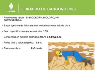 5. DIOXIDO DE CARBONO (C02)
- Propiedades físicas: Es INCOLORO, INOLORO, NO
COMBUSTIBLE.
- Sabor ligeramente ácido en altas concentraciones irrita la vista.
- Peso especifico con respecto al aire. 1.53
- Concentración máxima permisible:0.5 % o 5.000pp.m.
- Punto fatal o valor peligroso: 0.6 %
- Efectos nocivos: Asfixiante
 