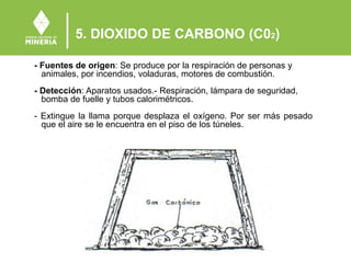 5. DIOXIDO DE CARBONO (C02)
- Fuentes de origen: Se produce por la respiración de personas y
animales, por incendios, voladuras, motores de combustión.
- Detección: Aparatos usados.- Respiración, lámpara de seguridad,
bomba de fuelle y tubos calorimétricos.
- Extingue la llama porque desplaza el oxígeno. Por ser más pesado
que el aire se le encuentra en el piso de los túneles.
 