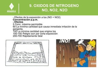 9. OXIDOS DE NITROGENO
NO, NO2, N2O
- Efectos de la exposición a los (NO + NO2)
Concentración p.p.m.
- Efectos
5 Conc. máxima permisible
60 La mínima cantidad que causa inmediata irritación de la
garganta.
100 La mínima cantidad que origina tos
100-150 Peligro aún por corta exposición
200-700 Rápidamente fatal
 