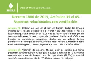 GASES EN MINAS SUBTERRANEAS
Decreto 1886 de 2015, Artículos 35 al 45.
Aspectos relacionados con ventilación.
Artículo 36. Calidad del aire en el sitio de trabajo. Todas las labores
mineras subterráneas accesibles al personal y aquellos lugares donde se
localice maquinaria, deben estar recorridas de manera permanente por un
volumen suficiente de aire, capaz de mantener limpia la atmósfera de
trabajo, en condiciones aceptables dentro de los valores límites
permisibles. El aire que se introduzca a la labor minera subterránea debe
estar exento de gases, humos, vapores o polvos nocivos o inflamables.
Artículo 38. Volumen de oxígeno. Ningún lugar de trabajo bajo tierra
puede ser considerado apropiado para trabajar o transitar, si su atmósfera
contiene menos del diecinueve coma cinco por ciento (19,5%), o más del
veintitrés coma cinco por ciento (23,5%) en volumen de oxígeno.
 