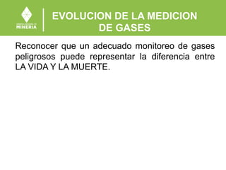 EVOLUCION DE LA MEDICION
DE GASES
Reconocer que un adecuado monitoreo de gases
peligrosos puede representar la diferencia entre
LA VIDA Y LA MUERTE.
 