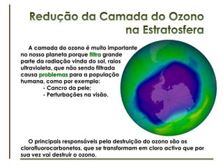  Aerossóis.Impactes da PoluiçãoAtmosféricaA composição da atmosfera tem vindo a alterar-se ao longo dos anos, especialmente devido ao desenvolvimento da sociedade humana que devido às suas actividades antrópicas aumentou o volume de gases a serem libertados para a atmosfera. 	A alteração da qualidade do ar tem efeitos no ser humano e nas outras espécies da biosfera.Alguns dos principais problemas globais relacionados pela poluição da atmosfera são:	- o efeito estufa;	- a redução da camada do ozono na tropostosfera;	- as chuvas ácidas.