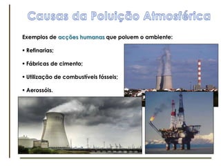 Causas da Poluição AtmosféricaExemplos de acções humanas que poluem o ambiente: Refinarias;
