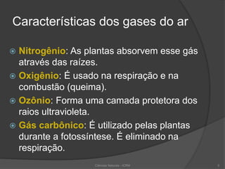 Características dos gases do ar
 Nitrogênio: As plantas absorvem esse gás
através das raízes.
 Oxigênio: É usado na respiração e na
combustão (queima).
 Ozônio: Forma uma camada protetora dos
raios ultravioleta.
 Gás carbônico: É utilizado pelas plantas
durante a fotossíntese. É eliminado na
respiração.
5Ciências Naturais - ICRM
 