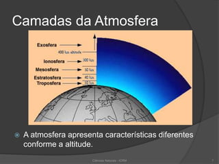 Camadas da Atmosfera
 A atmosfera apresenta características diferentes
conforme a altitude.
7Ciências Naturais - ICRM
 