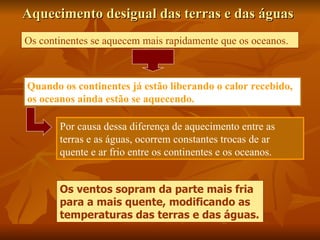 Aquecimento desigual das terras e das águas
Os continentes se aquecem mais rapidamente que os oceanos.



Quando os continentes já estão liberando o calor recebido,
os oceanos ainda estão se aquecendo.

       Por causa dessa diferença de aquecimento entre as
       terras e as águas, ocorrem constantes trocas de ar
       quente e ar frio entre os continentes e os oceanos.


       Os ventos sopram da parte mais fria
       para a mais quente, modificando as
       temperaturas das terras e das águas.
 