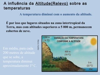 A influência da Altitude(Relevo) sobre as
temperaturas
          A temperatura diminui com o aumento da altitude.

  É por isso que lugares situados na zona intertropical da
  Terra, mas com altitudes superiores a 5 000 m, permanecem
  cobertos de neve.
                         Marcos Aurélio




Em média, para cada
200 metros de altitude
que se sobe, a
temperatura diminui
aproximadamente 1º C.
 