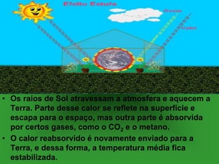 • Os raios de Sol atravessam a atmosfera e aquecem a
Terra. Parte desse calor se reflete na superfície e
escapa para o espaço, mas outra parte é absorvida
por certos gases, como o CO2 e o metano.
• O calor reabsorvido é novamente enviado para a
Terra, e dessa forma, a temperatura média fica
estabilizada.
 